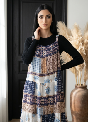 Pinafore Black Dress with Mock-Neck inner