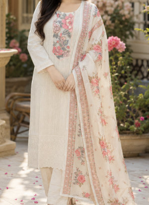 White Floral Cotton Suit Set with Printed Dupatta