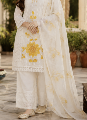 Elegant White & Yellow Embroidered Cotton 3-Piece Suit Set