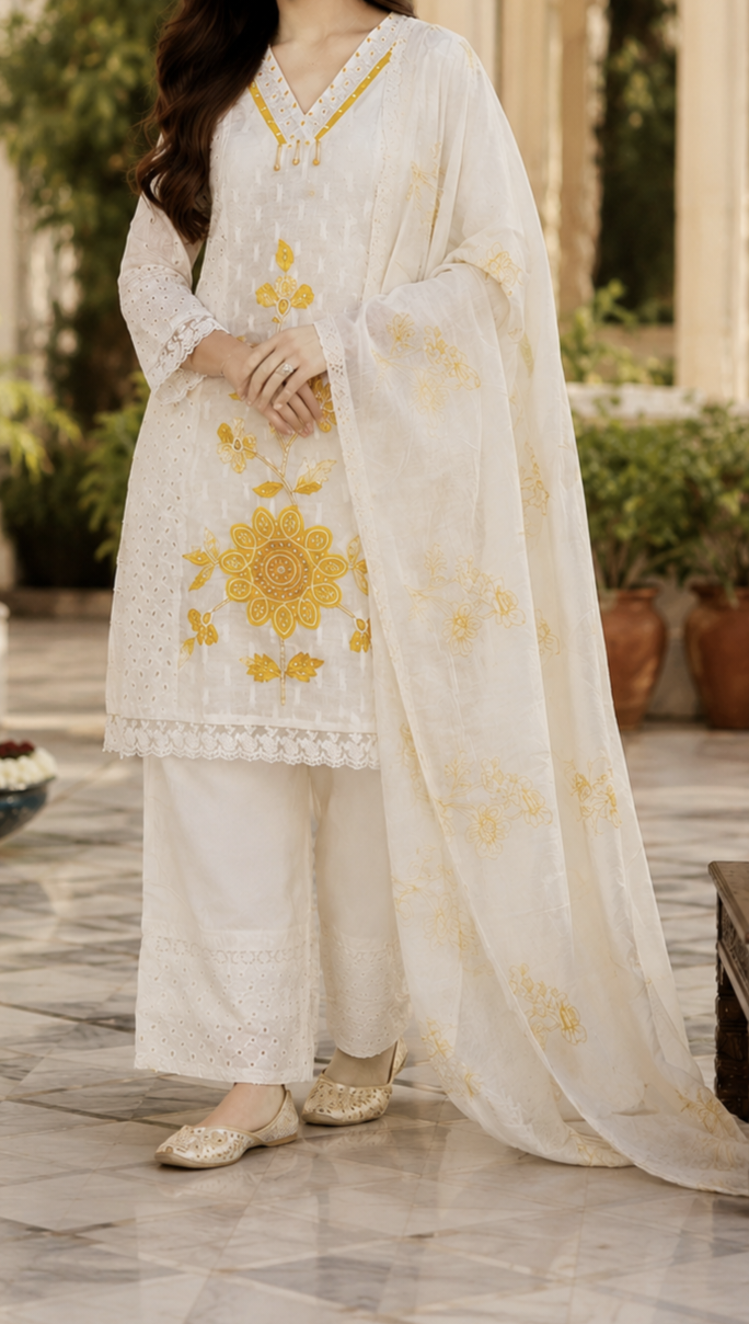 Elegant White & Yellow Embroidered Cotton 3-Piece Suit Set
