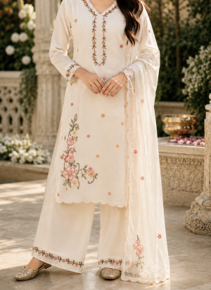 Ivory Floral Embroidered 3-Piece Suit Set