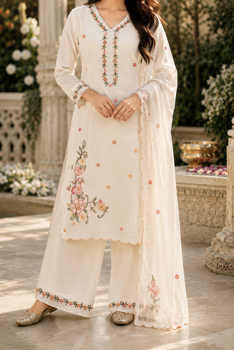 Ivory Floral Embroidered 3-Piece Suit Set