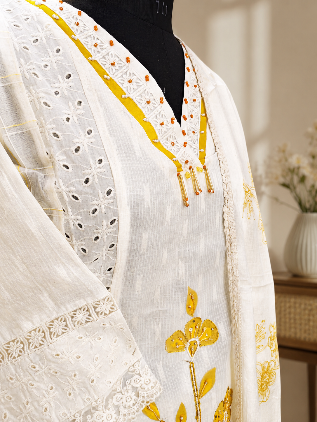 Elegant White & Yellow Embroidered Cotton 3-Piece Suit Set - Image 2