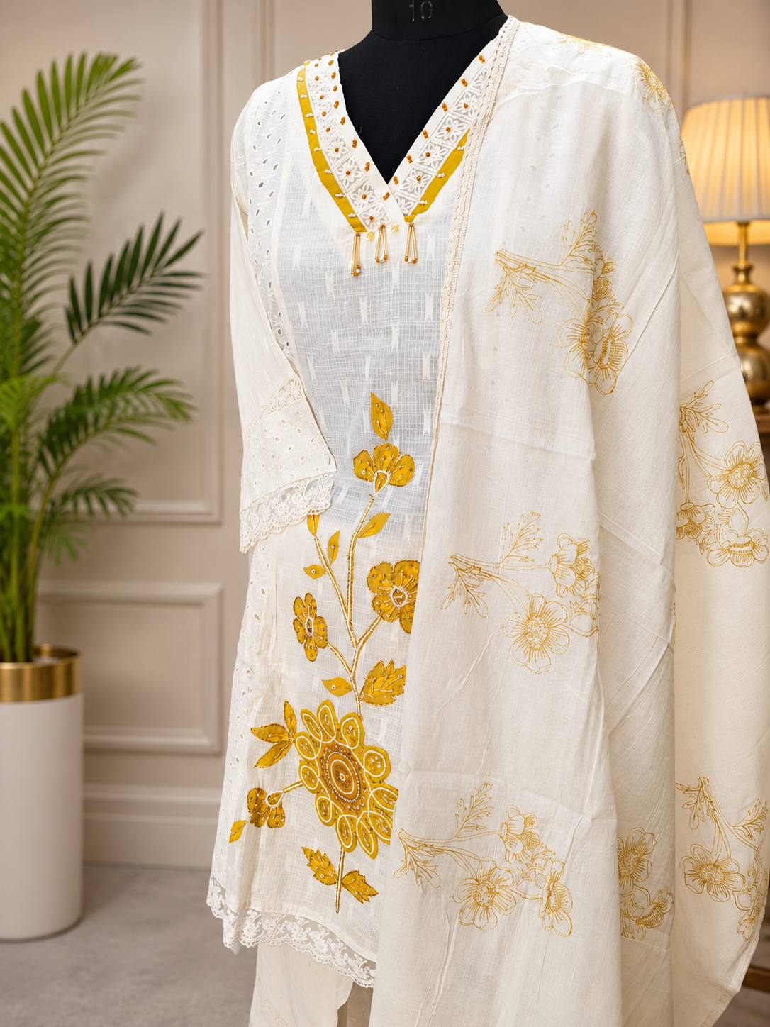 Elegant White & Yellow Embroidered Cotton 3-Piece Suit Set - Image 3