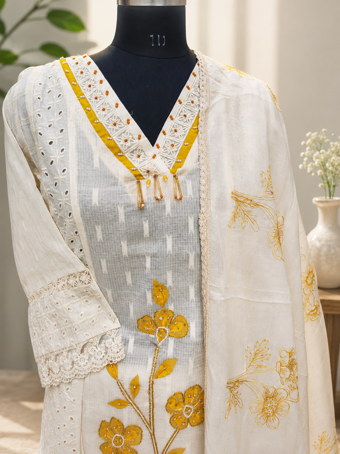 Elegant White & Yellow Embroidered Cotton 3-Piece Suit Set - Image 4