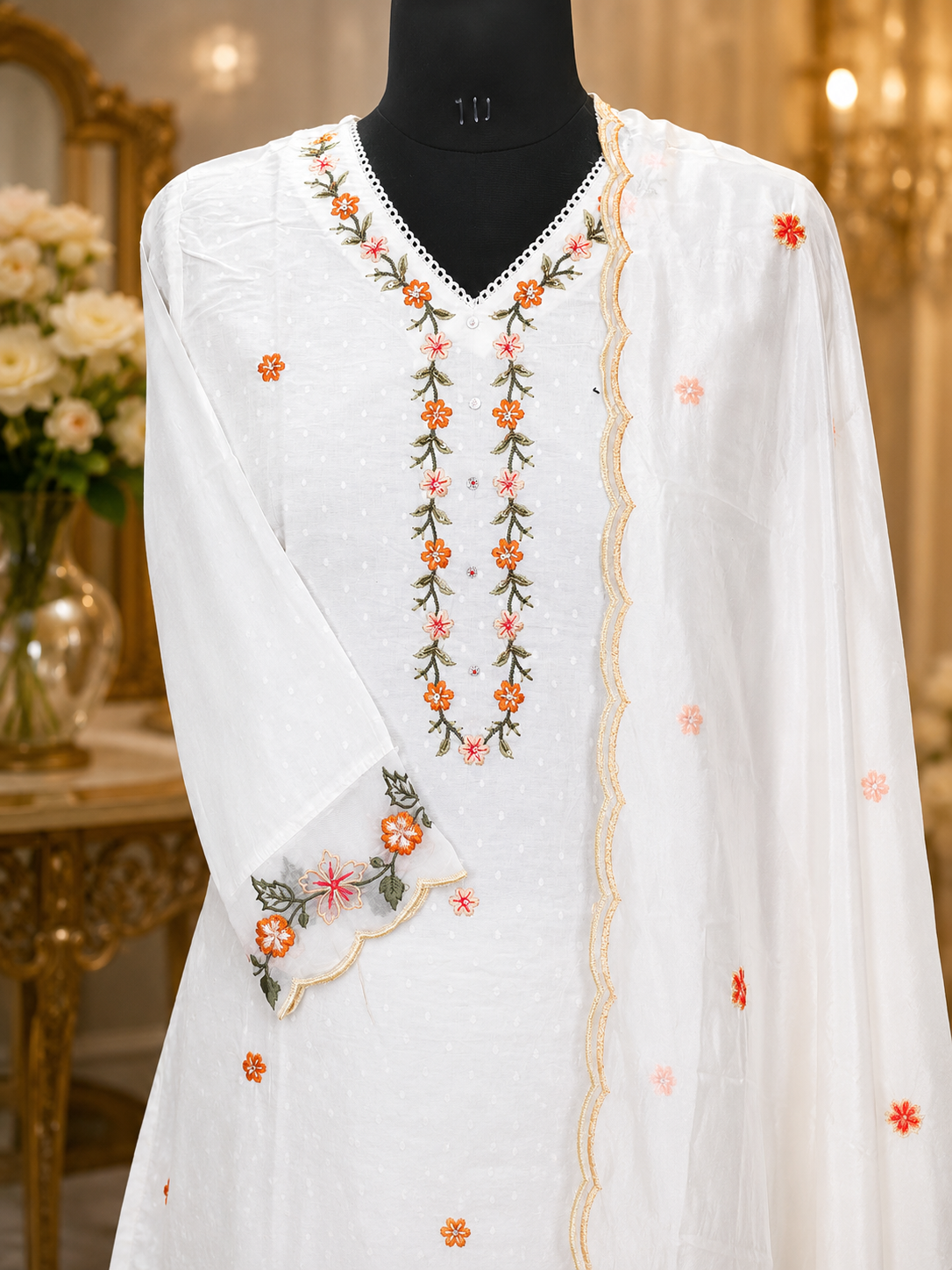 Ivory Floral Embroidered 3-Piece Suit Set - Image 4