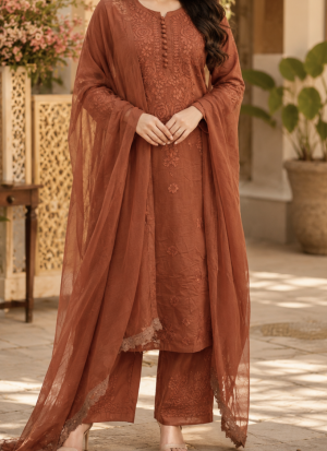 Brown Chikankari Embroidered 3-Piece Suit Set