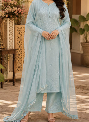 Pastel Blue Chikankari Embroidered 3-Piece Suit Set