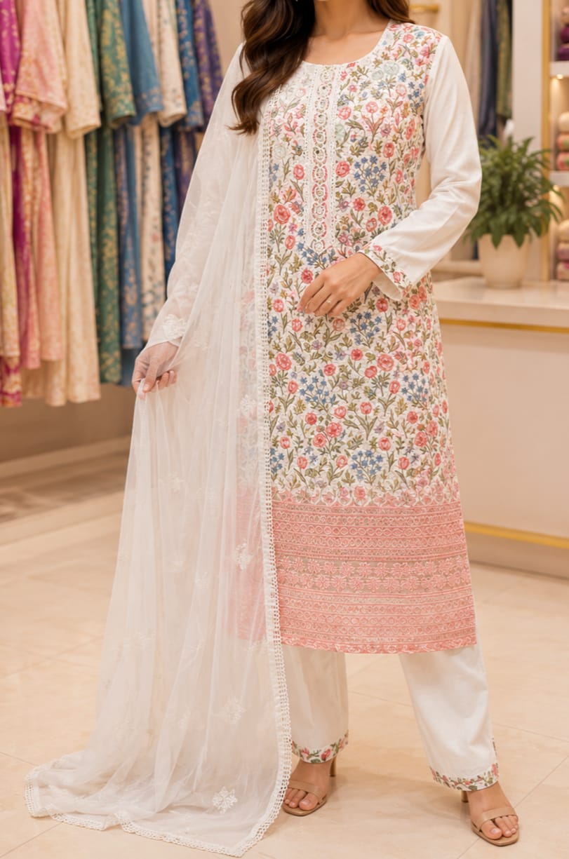 White Floral Printed 3-Piece Suit Set