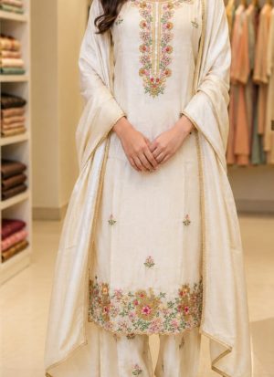 Elegant Ivory Embroidered 3-Piece Suit Set