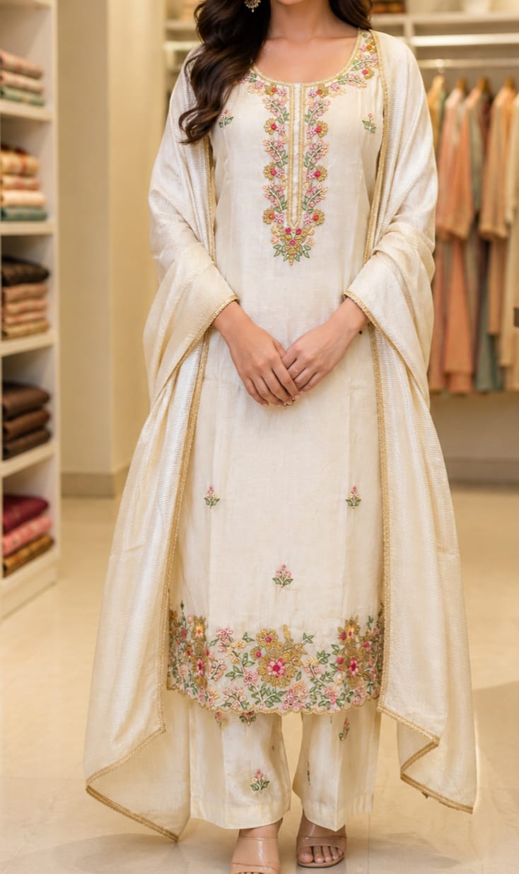 Elegant Ivory Embroidered 3-Piece Suit Set