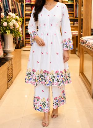 White Floral Embroidered Cotton Kurta Set