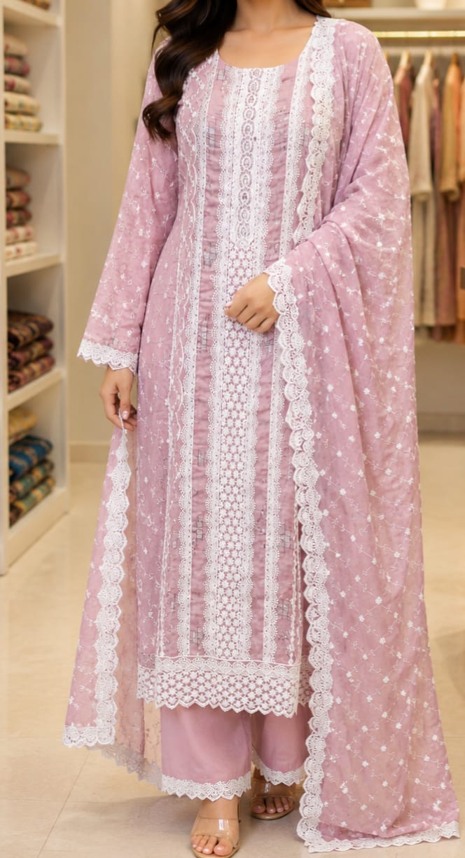 Blush Pink Embroidered Lace 3-Piece Suit Set
