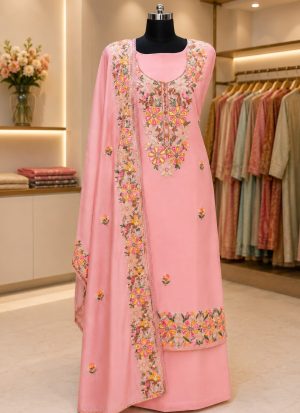Blush Pink Floral Embroidered 3-Piece Unstitched Suit Material