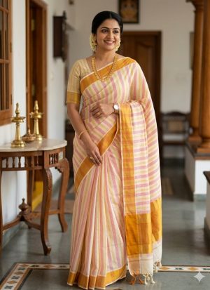 Pink & Gold stripes Kerala set saree.
